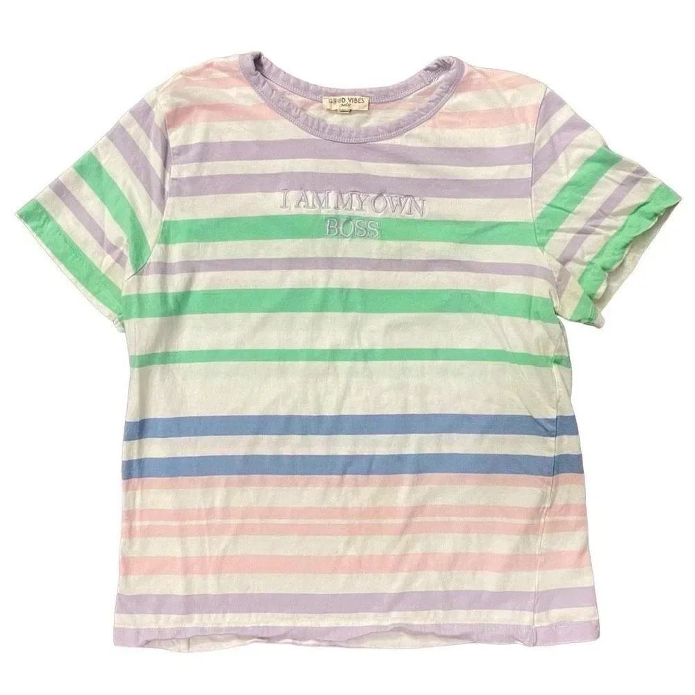 Good Vibes Only I Am My Own Boss Girl’s Striped Short Sleeve Tee Large